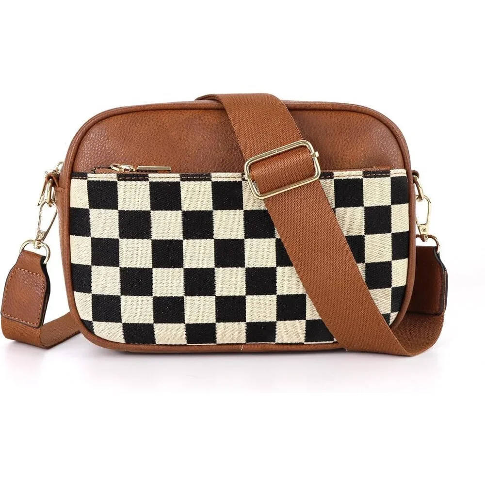 Vegan Leather Crossbody Bag Women Embroidered Strap Multiple Pockets